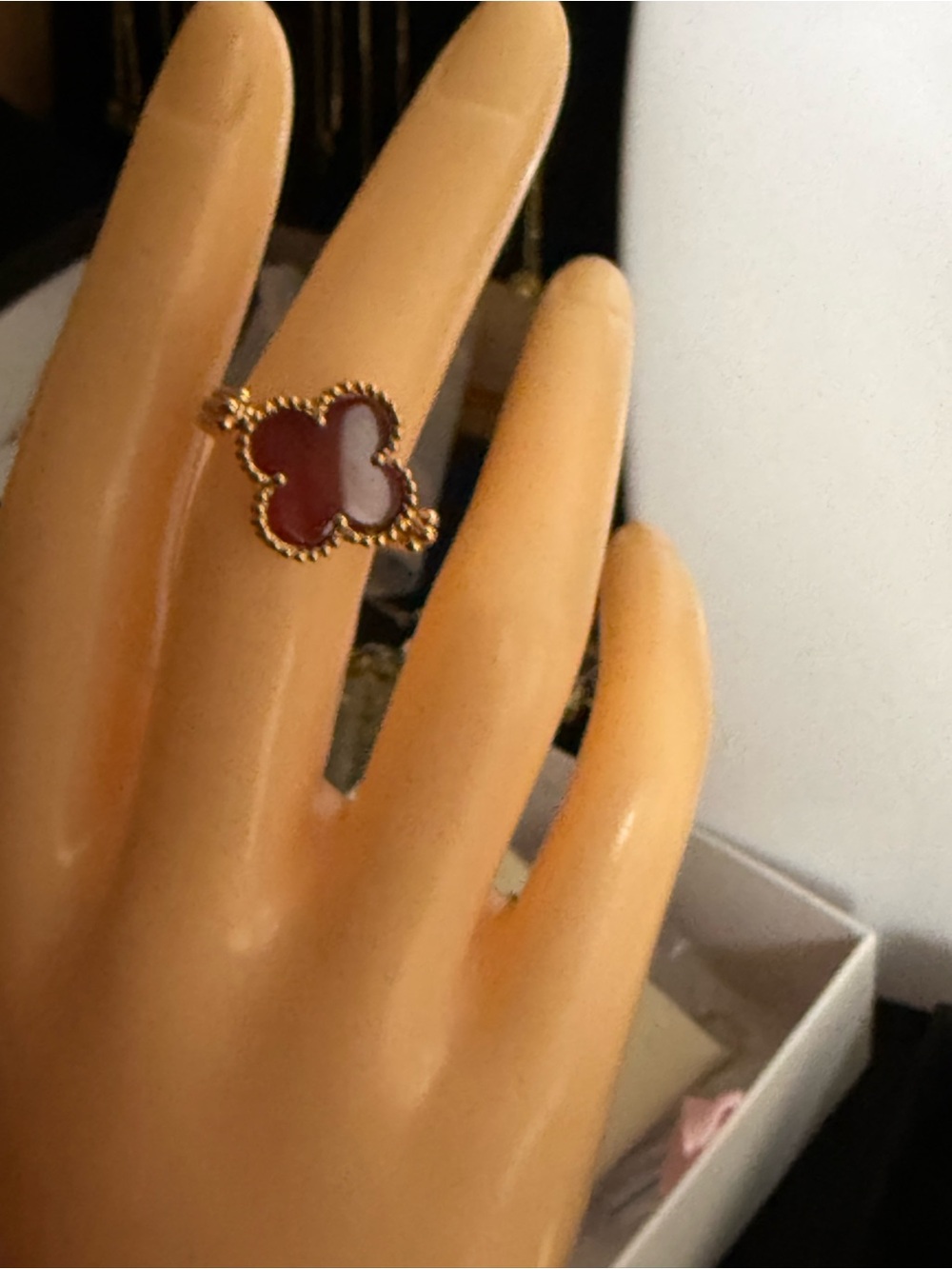 Gold Clover Ring with Red Stone - Women's Fashion Ring, gold plated